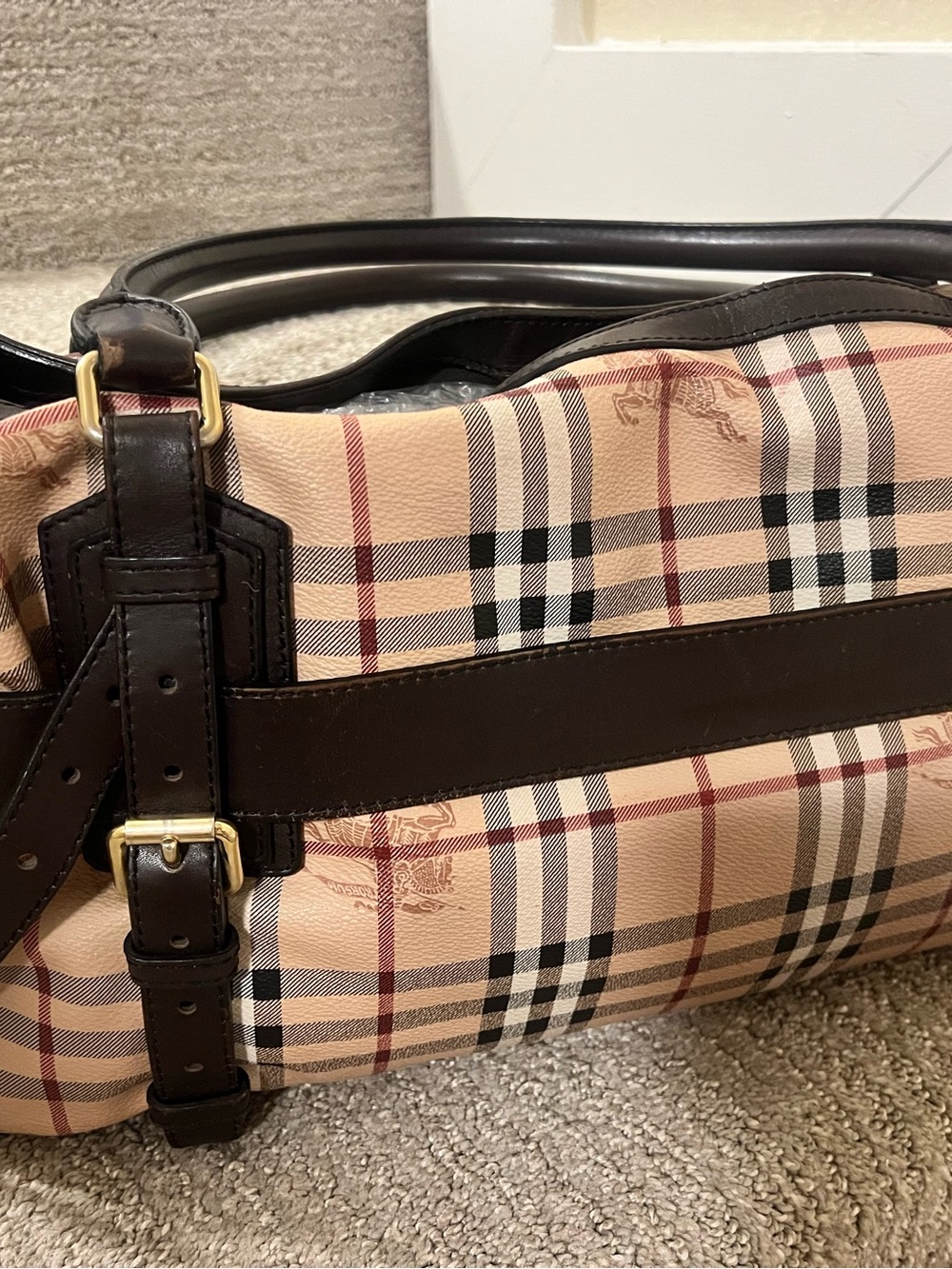 Burberry Tan Plaid Shoulder Bag with Brown Leather Trim